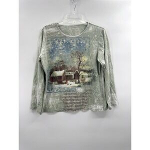 Holiday Editions Womens Tee L Winter Barn Country Music Snow Motif 3/4 Sleeve